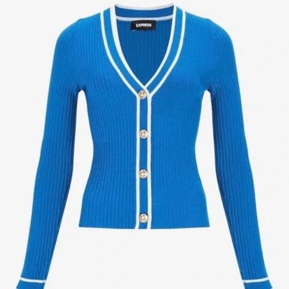 Express soft blue v neck knitted cardigan with white trim, gold buttons Medium - Picture 3 of 4